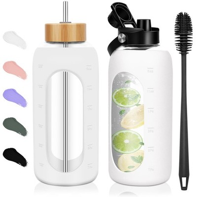 FULBEVY Glass Water Bottles 64 oz - Half Gallon Large Motivational Daily Water