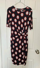 Autograph Navy Red Abstract Print Bodycon Midi Work Dress Size 10 3/4 Sleeve