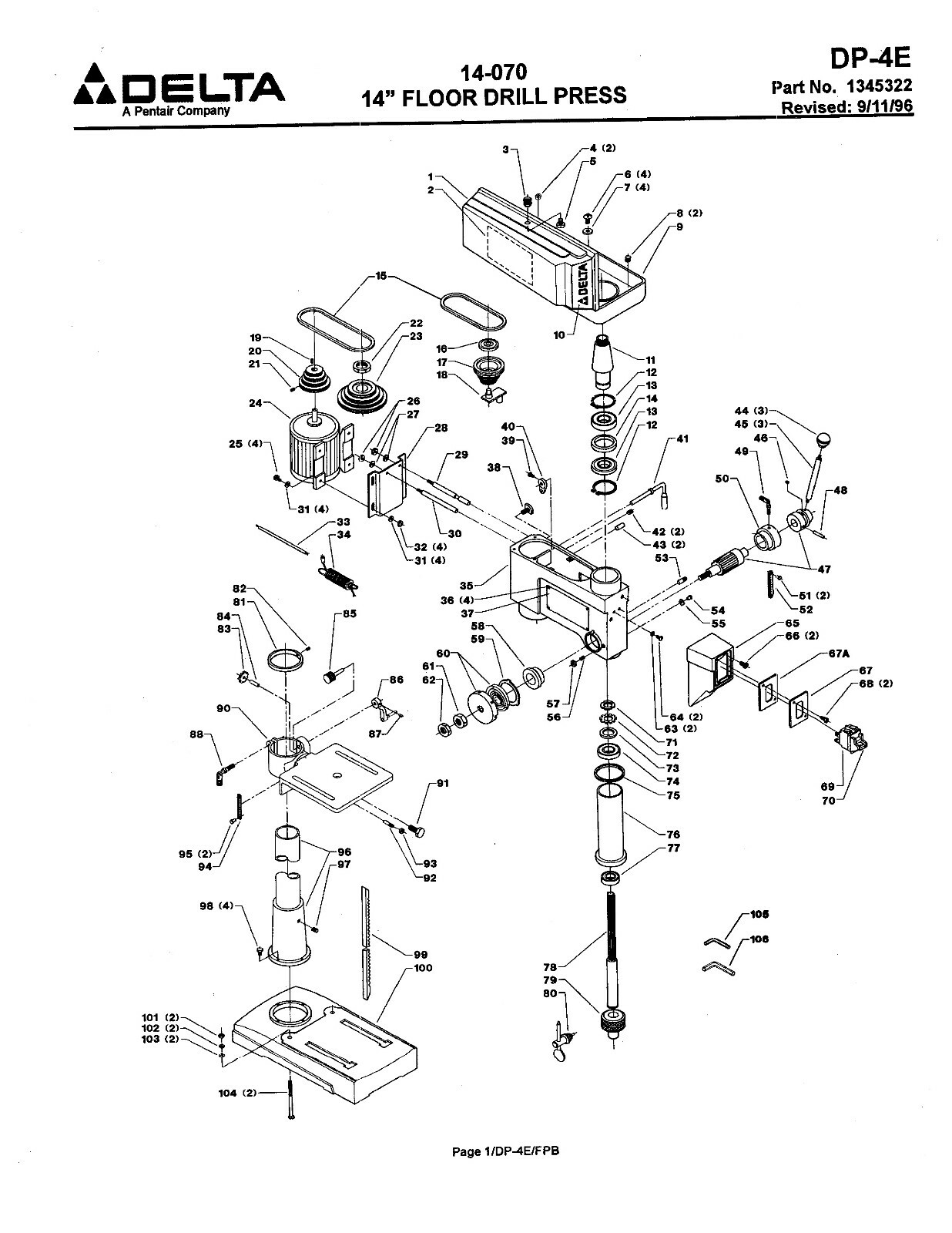 Delta 14" Drill Press Model 14070 Instructions & Parts List Manual