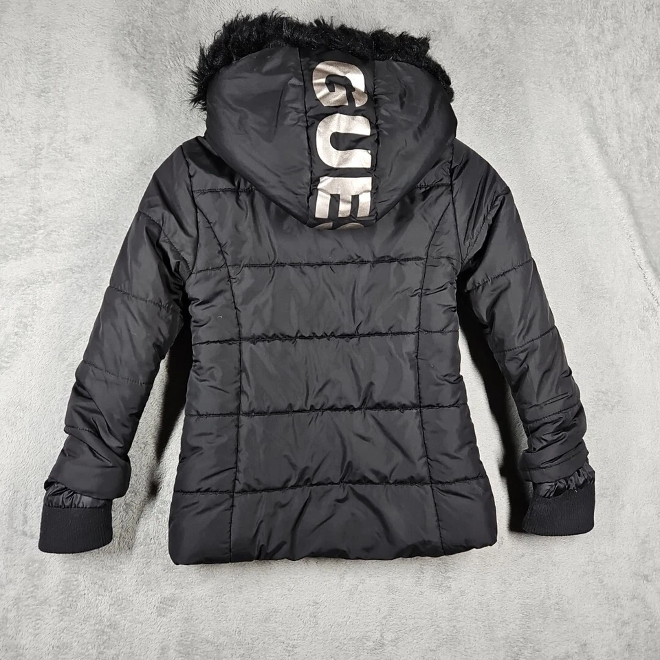 Guess Girls Lined Puffer Warm Coat Black Faux Fur Lined Logo Hood Sz M; 10-12 - Image 2 of 4