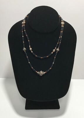 925 Sterling Silver Black Beaded/Crystal Double Strand 14.25'' Necklace