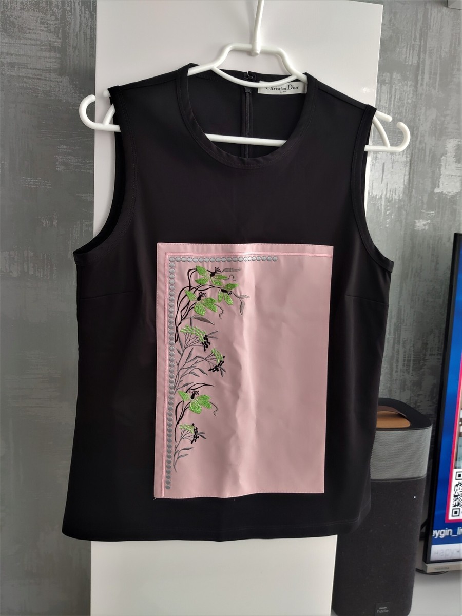 クリスチャンディオール❣️ノースリーブカットソー38 Christian Dior Tank Top Sleeveless Shirt Black Embroidered Floral
