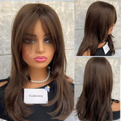 Long Straight Soft Brown Human Hair Blend Heat Ok Wigs Women Daily Natural