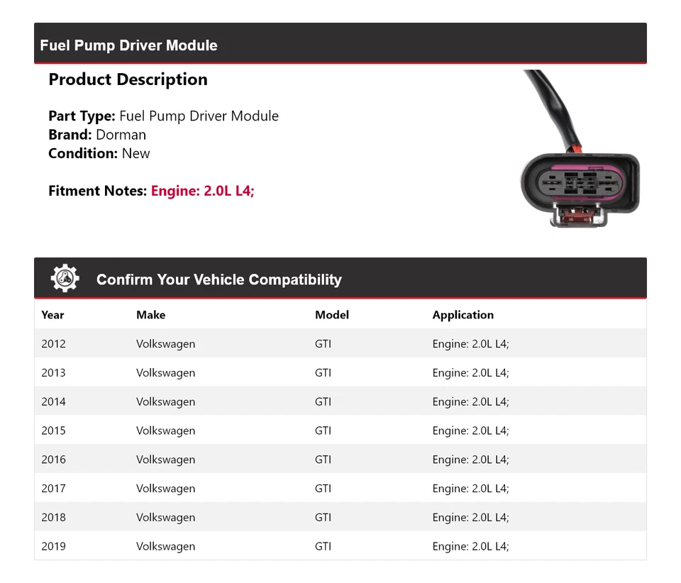 Módulo de controlador de bomba de combustible Dorman 2013 2014 para Volkswagen GTI 2012-2019 2,0 L L4 Foto 2 de 4