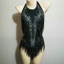 Sparkly Tassel Bodysuit Women Performance Costume One-piece Dance Wear Leotard