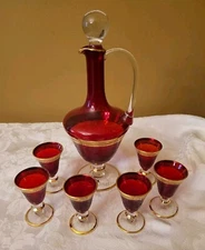 Interglass Red Glass Decanter 6 Shot Glass Set Italy Bohemian 22K
