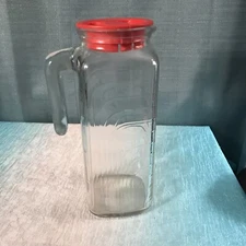 Vintage Covetro Ribbed Glass Pitcher Carafe 9" Made In Italy Red Lid Cool Retro
