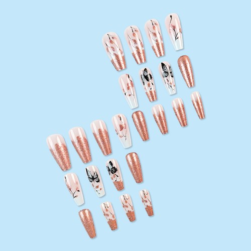 Long Coffin Press-On False Nail Butterfly Flowers Rosa Gold Shiny Manicure 24pcs - Picture 7 of 7