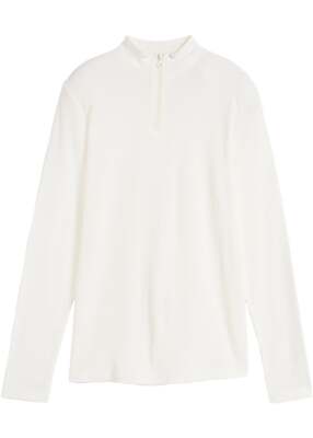 Langarmshirt aus Rippe mit Troyer-Kragen Gr. 40/42 Weiß Damen Shirt Bluse Neu