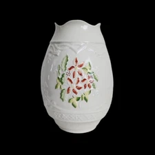 Belleek Ceramic Hurricane Candle Cover Embossed Winter Poinsettia 2005 Ireland