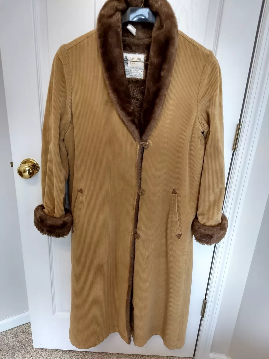 VINTAGE London Fog Faux Fur Collar Tan Corduroy Long Trench Coat Women's SZ  7/ 8