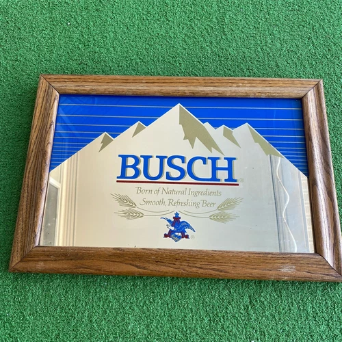 Vintage 1980’s Busch Beer Bar Mirror Sign Wood Frame 18.5” x 12.5”