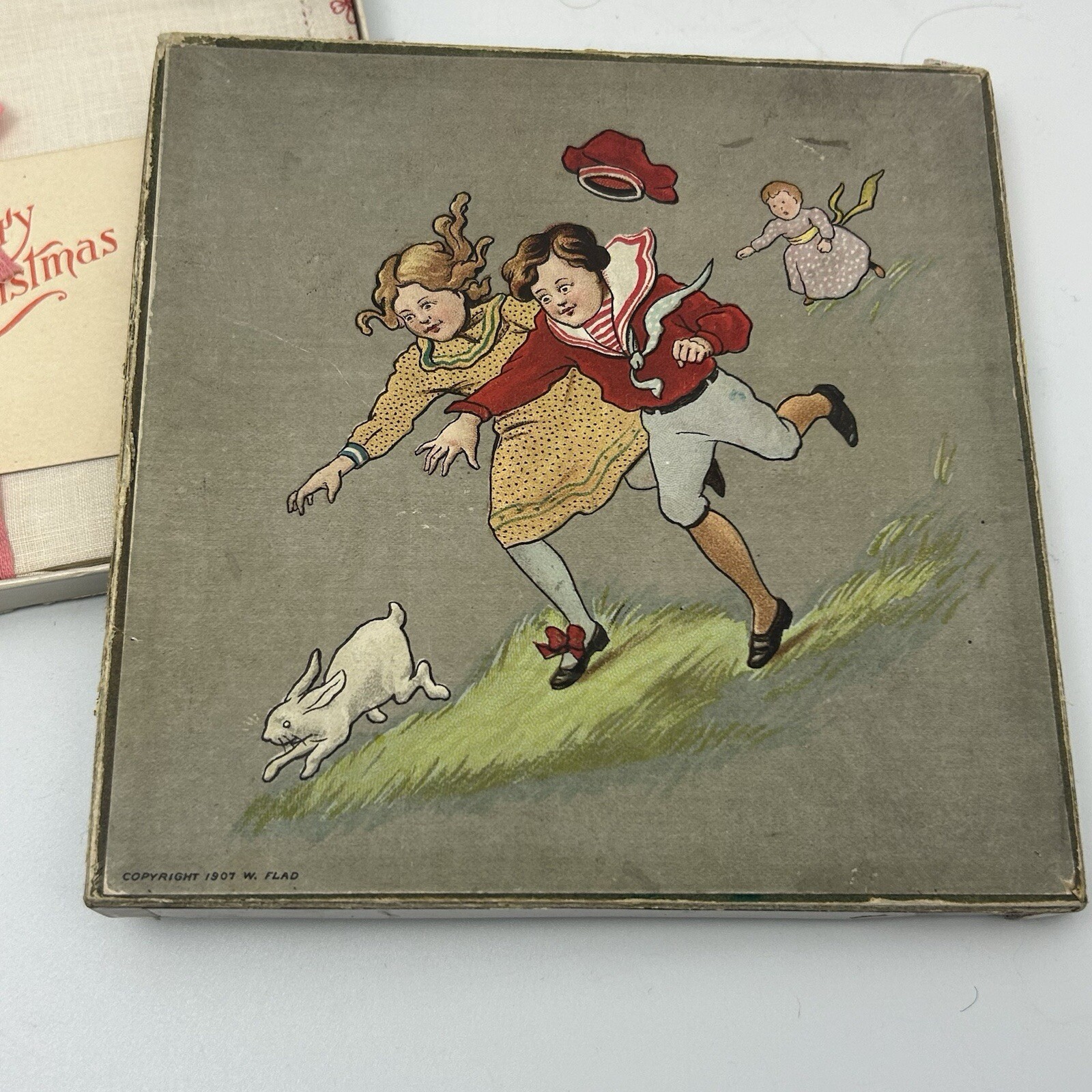 Antique Handkerchief In box Edwardian illustrated 1907 unused Christmas gift