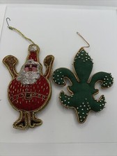 2 vintage Christmas ornaments velvet red green gold Santa Fleur De Lis