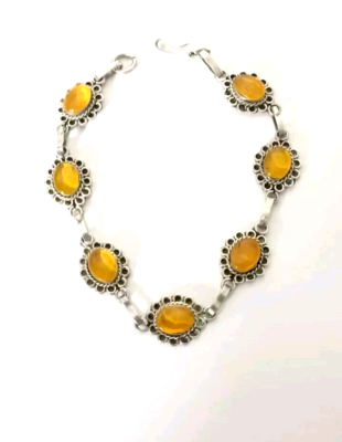 Bracelet Ancien En Argent Massif 925 Avec Cabochons D'ambre Naturel - Occasion Bon état - Pièce Unique