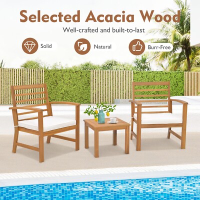 3 PCS Outdoor Furniture Set, Acacia Wood Conversation Set w/ Soft Seat Cushions