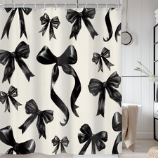 12 PCS Black Bow Shower Curtain Girly Elegant Groovy Modern Fabric 72x78 Inch