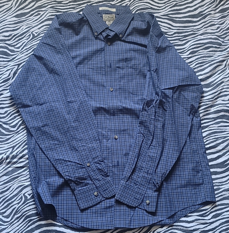 L.L.Bean Regular Fit Wrinkle Resistant Blue Plaid Dress Shirt M 32/33