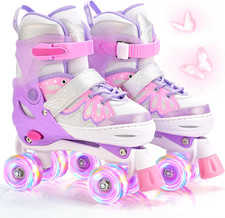 Mermaid 4 Size Adjustable Light up Roller Skates for Girls, Purple Blue
