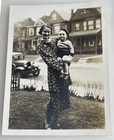Antique Photo Woman Wearing Fashionable Print Dress Holding Child By Car Street