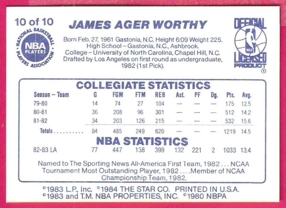 Tarjeta Star '84 James Ager Worthy 1983-84 #10 de 10 Los Angeles Lakers Foto 2 de 4