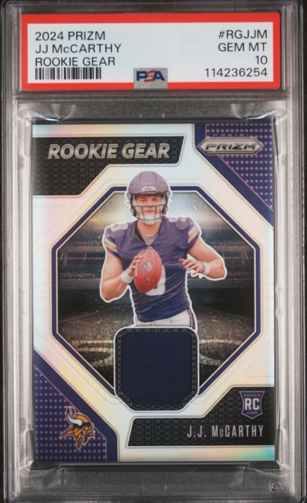 2024 Panini Prizm Rookie Gear J.J. McCarthy #RG-JJM (MEM, RC) Relic PSA 10 POP 5