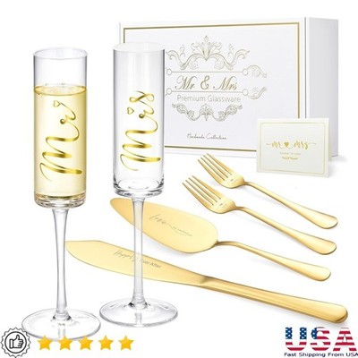 Mr & Mrs Wedding Cake Cutting Set W/ Champagne Flutes Gift Box Engraved Forks US