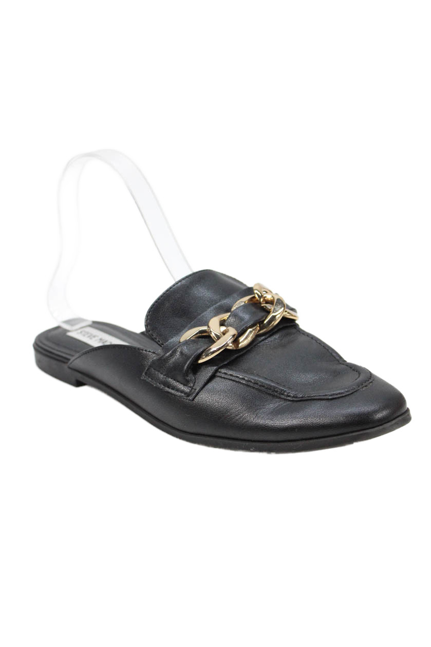Steve Madden Womens Slip On Chain Detail Round Toe Leather Mules Black Size 8MFree Shipping in US $100+ Orders | $6.95 Orders Below