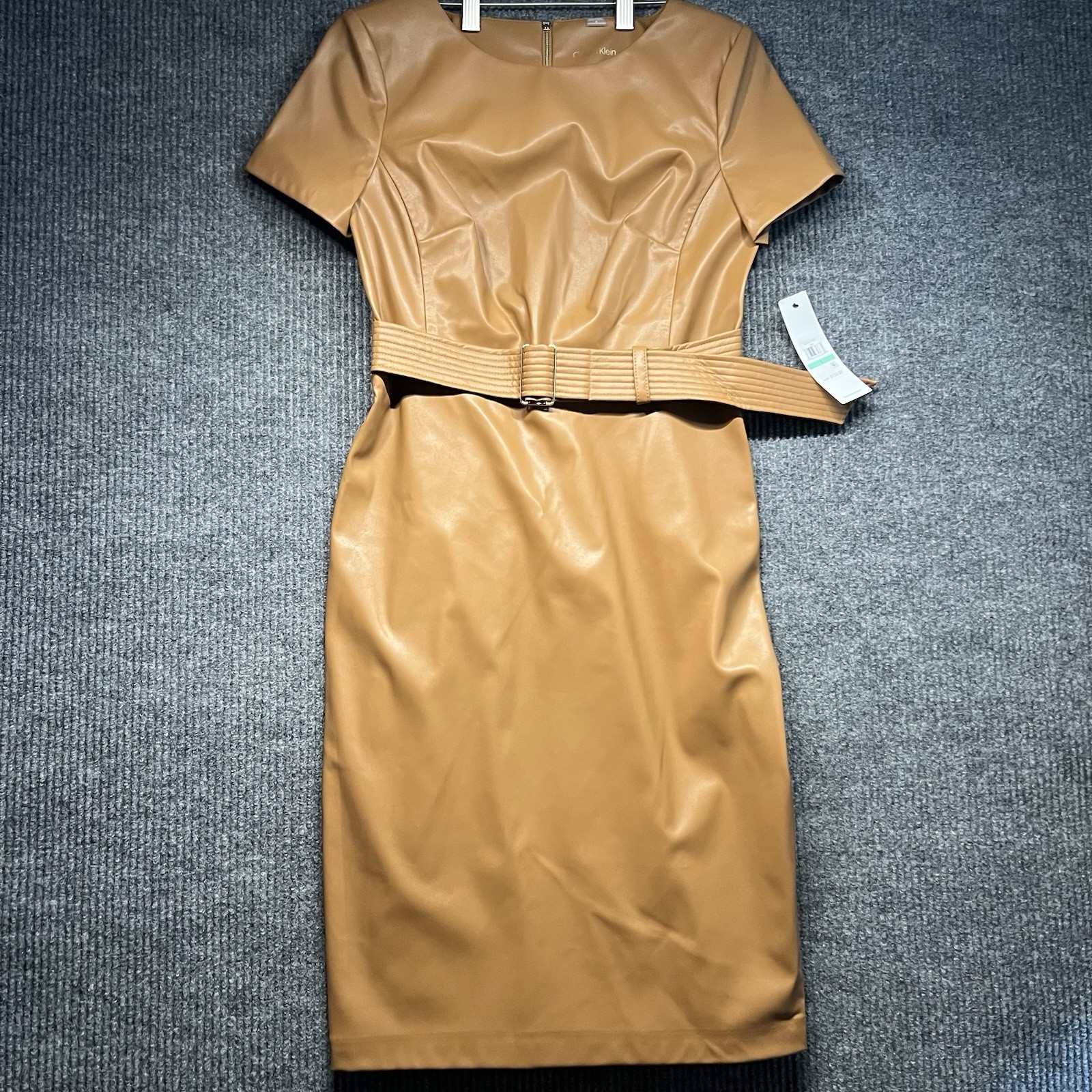 Calvin Klein Sheath Dress Womens 8 Beige Tan Zip Back Belted NWT