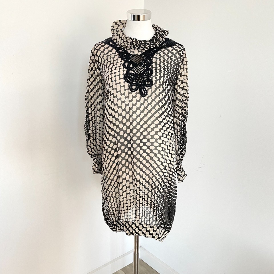 Ae'lkemi Shift Mini Dress Size 10 Geometric Print 100% Silk Sheer Long Sleeve