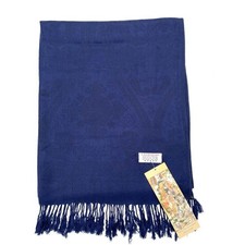 NWT Jerusalem 100 Cashmere Scarf Shawl Navy Blue Floral Damask Fringe 28x73