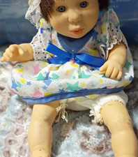 Baby Doll Girl Brown Hair Blue Eyes Star Dress Blue Ribbon Lace Bonnet