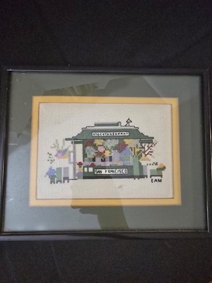 Needlepoint Vintage Canvas Of San Francisco Cable Car Black Frame Glass Cracked