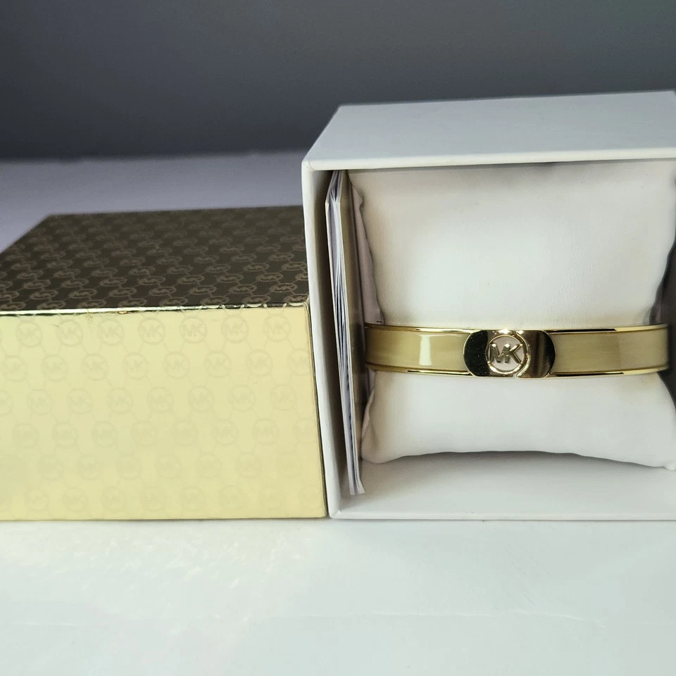 NUEVO Brazalete Brazalete Michael Kors Tono Dorado Logo Cuerno Esmalte Bisagra con Caja Foto 2 de 4