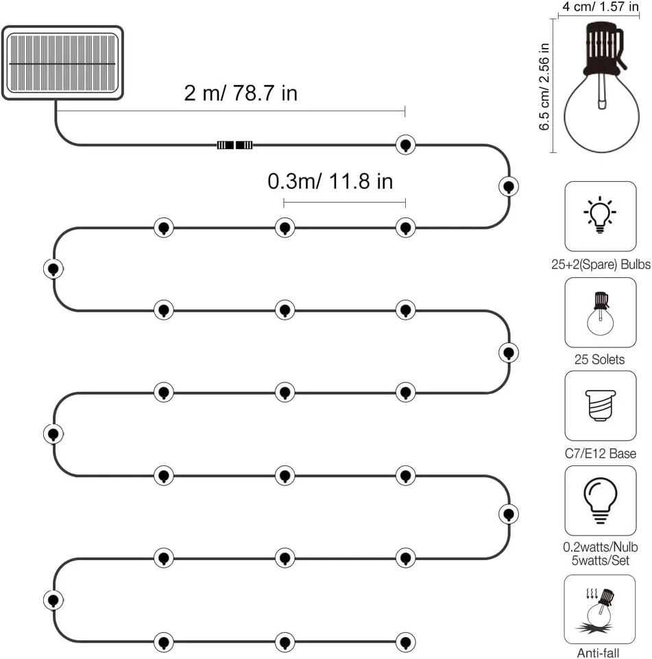 Solar Festoon Lights 9m 15 G40 Bulb Outdoor Garden String Waterproof Warm White - Image 3 of 4