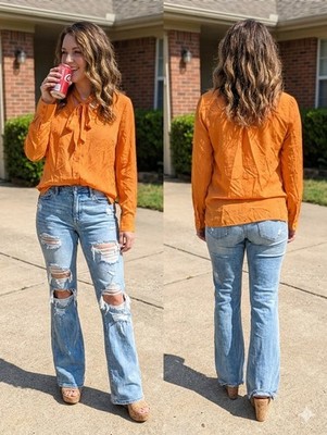 The Limited Small Orange Clip Dot Tie Neck Bow Button Up Top L/S Workwear