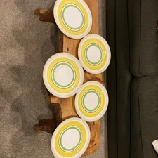 Mikasa Everfresh Costa del Sol Yellow Green Brown Band (5) 10-3/4" DINNER PLATES