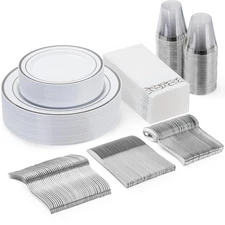 175 Piece Silver Dinnerware Set for 25 Guests, Plastic Disposable Plates for ...