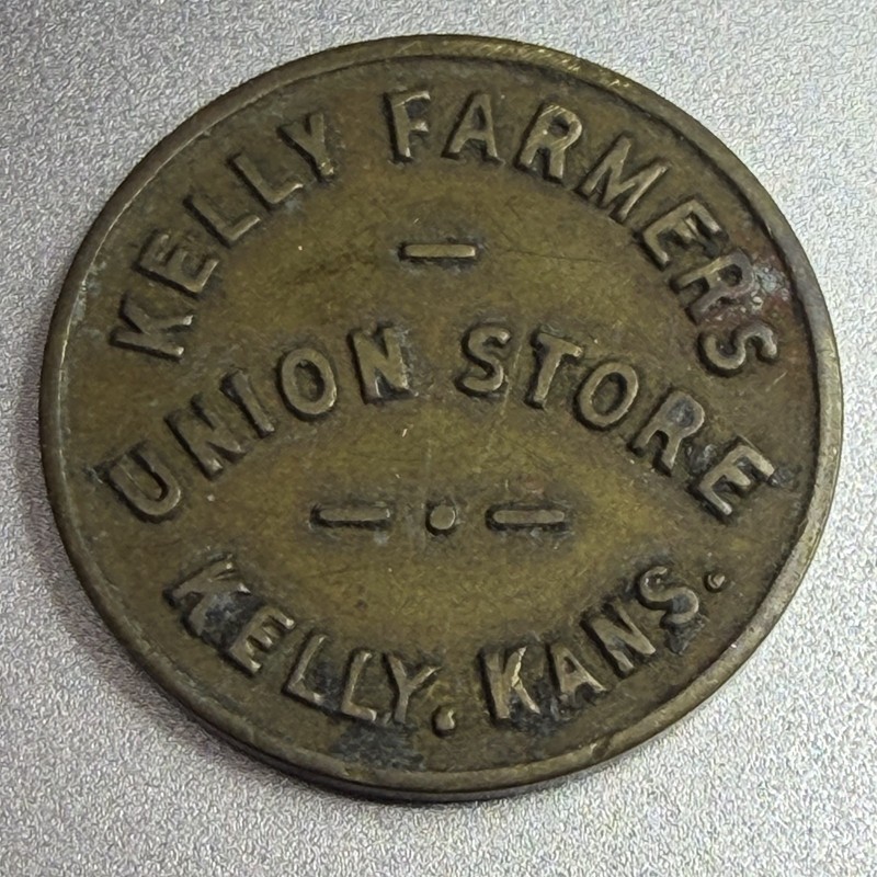 Kansas, Kelly Farmers Union Store Brass Good For 5¢ Merchandise Token 121238