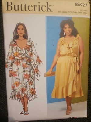 Butterick 6927 Faux Wrap Dress w Ruffles Plus Size (30W-38W) UC Pattern FSHIP 