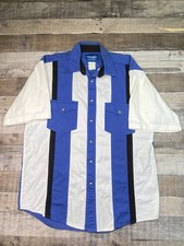 VTG 90s Wrangler Pearl Snap Button Shirt Mens M Blue Stripe Short Sleeve Western