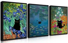 Monet Wall Art Set of 3 - Funny Cat in Water Lilies Canvas Paintings Prints, ...
