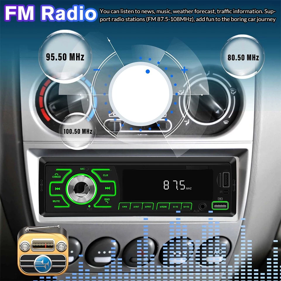Single 1Din Bluetooth Car Stereo FM Radio AUX-In USB Audio Receiver MP3 Player - Image 2 of 4