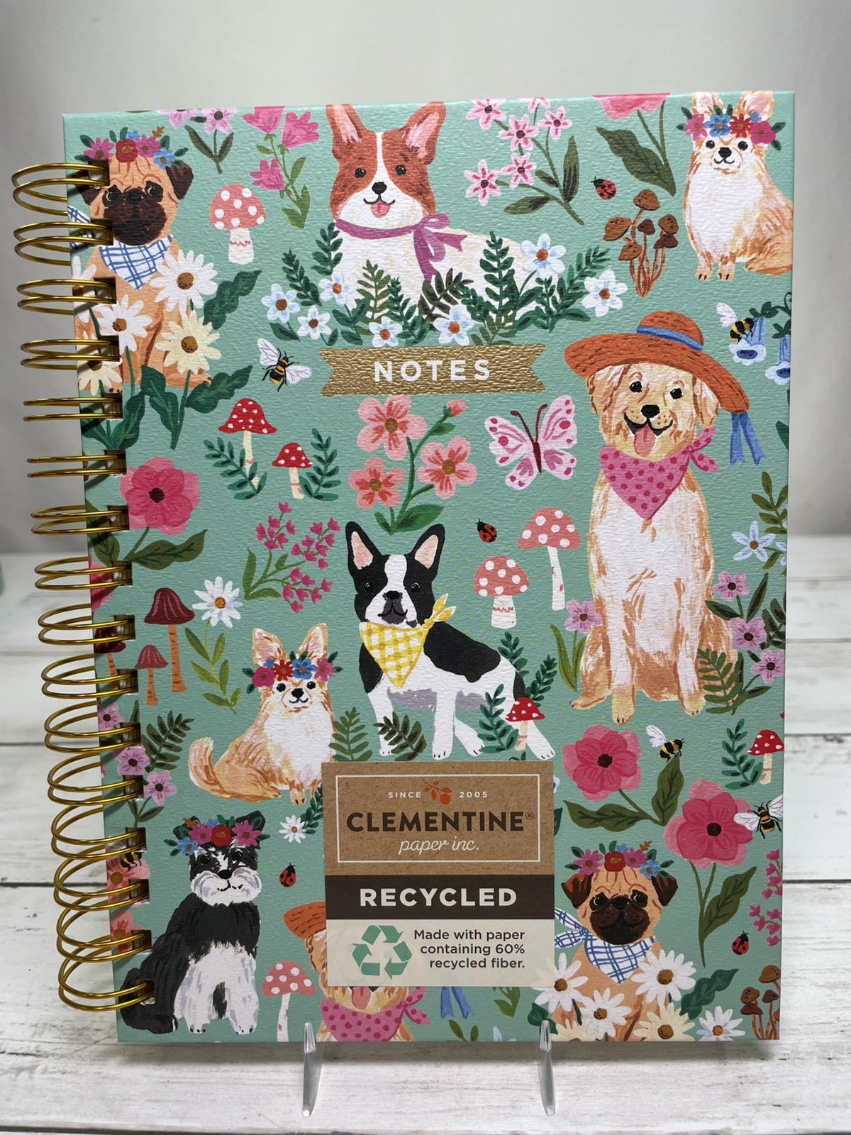Clementine Spiral Notebook Dogs & Flowers Hardcover 8.5"x6.25" Ruled Page