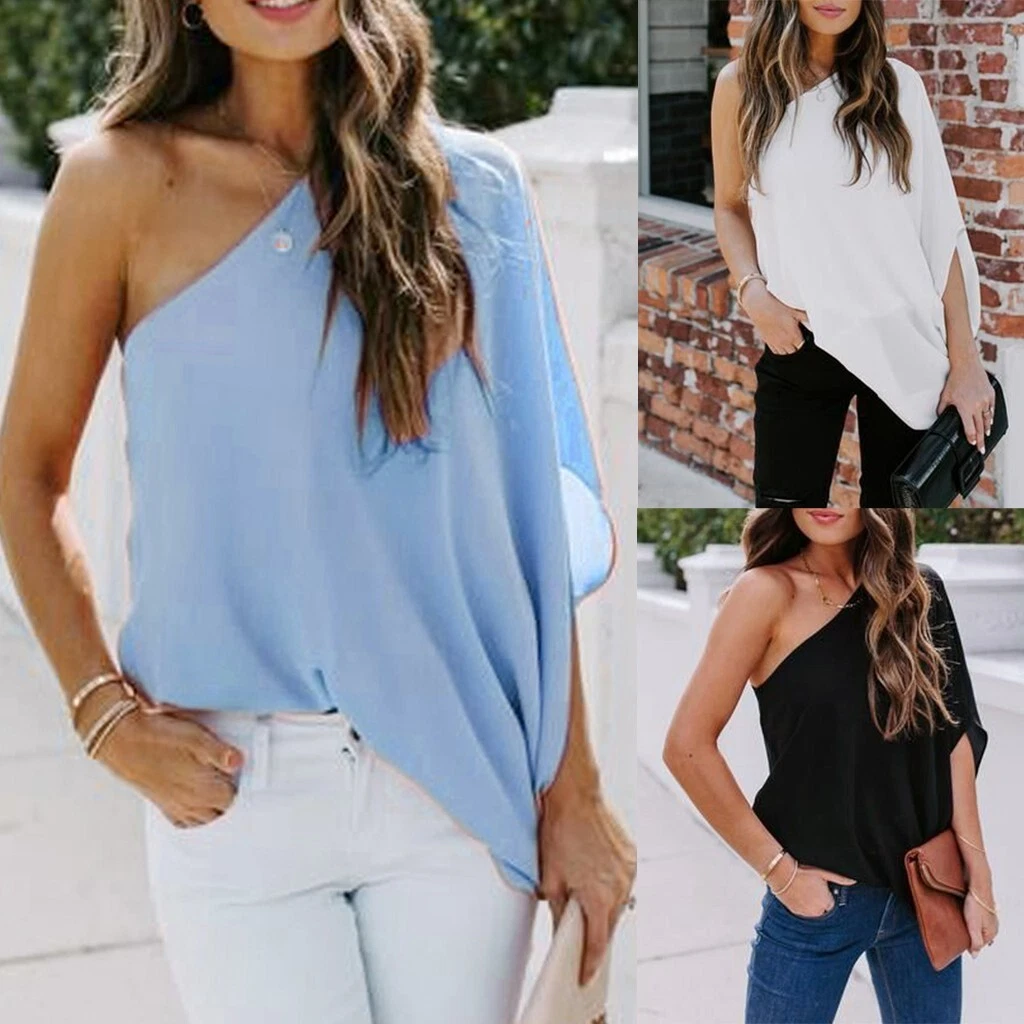 Women Off Shoulder Oversized Batwing Sleeve Asymmetric Summer Shirts Tops ^ | eBay