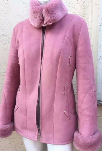 GORGEOUS GENUINE SHEARLING SHEEPSKIN FUR PINK COLOR HUGE COLLAR JACKET SZ 36 - Picture 3 of 8