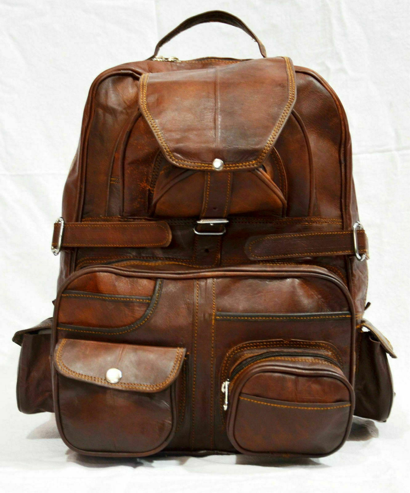Vintage Brown Genuine Goat Leather Men's Backpack Laptop Rucksack