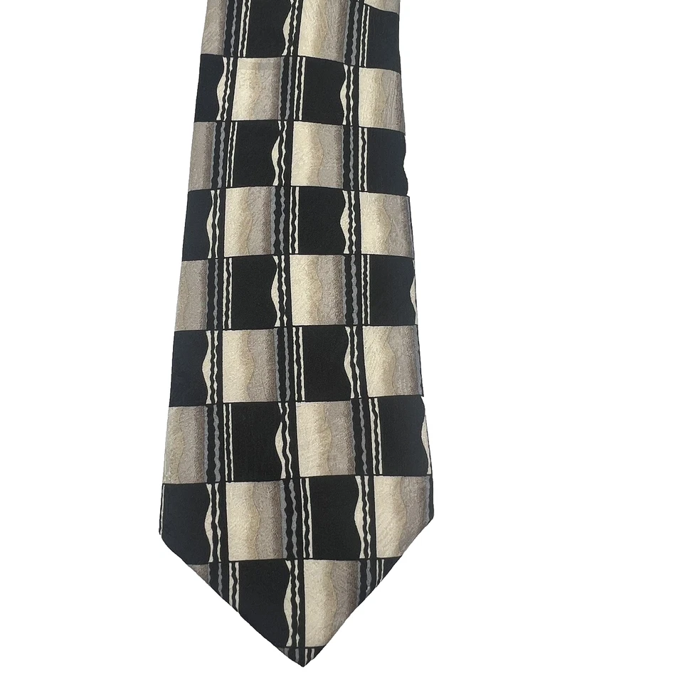 Corbata para hombre Carlos Piati Paris Roma seda pura diseño geométrico negro y crema Foto 4 de 4