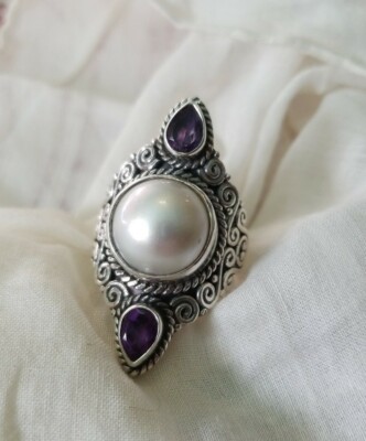 Sterling silver 925 Mobe Pearl Amethyst Ring Size 10