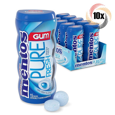 Full Box 10x Bottles Mentos Pure Fresh Mint Flavor Gum | 15 Pieces Each | 1.06oz
